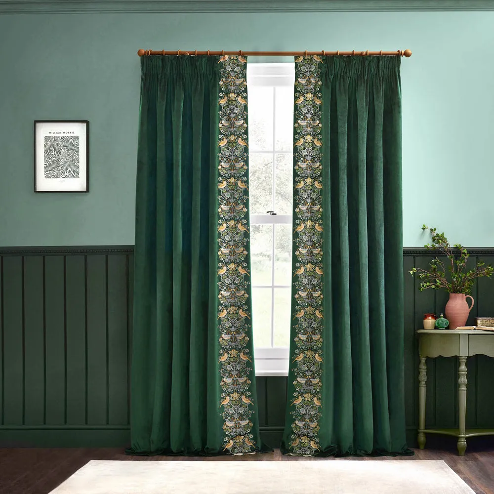 Strawberry Thief Embroidered Floral Velvet Pencil Pleat Curtains Forest Green