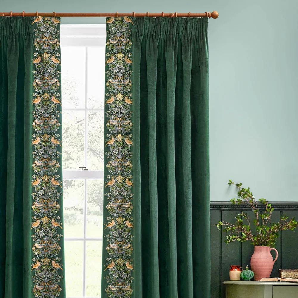 Strawberry Thief Embroidered Floral Velvet Pencil Pleat Curtains Forest Green