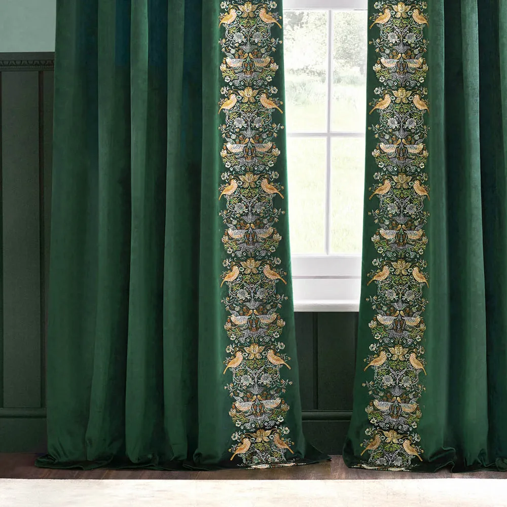 Strawberry Thief Embroidered Floral Velvet Pencil Pleat Curtains Forest Green