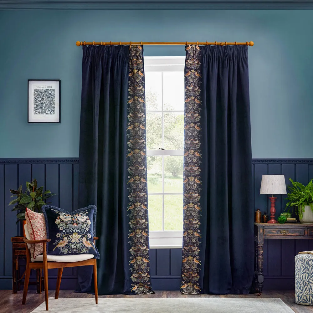 Strawberry Thief Embroidered Floral Velvet Pencil Pleat Curtains Indigo