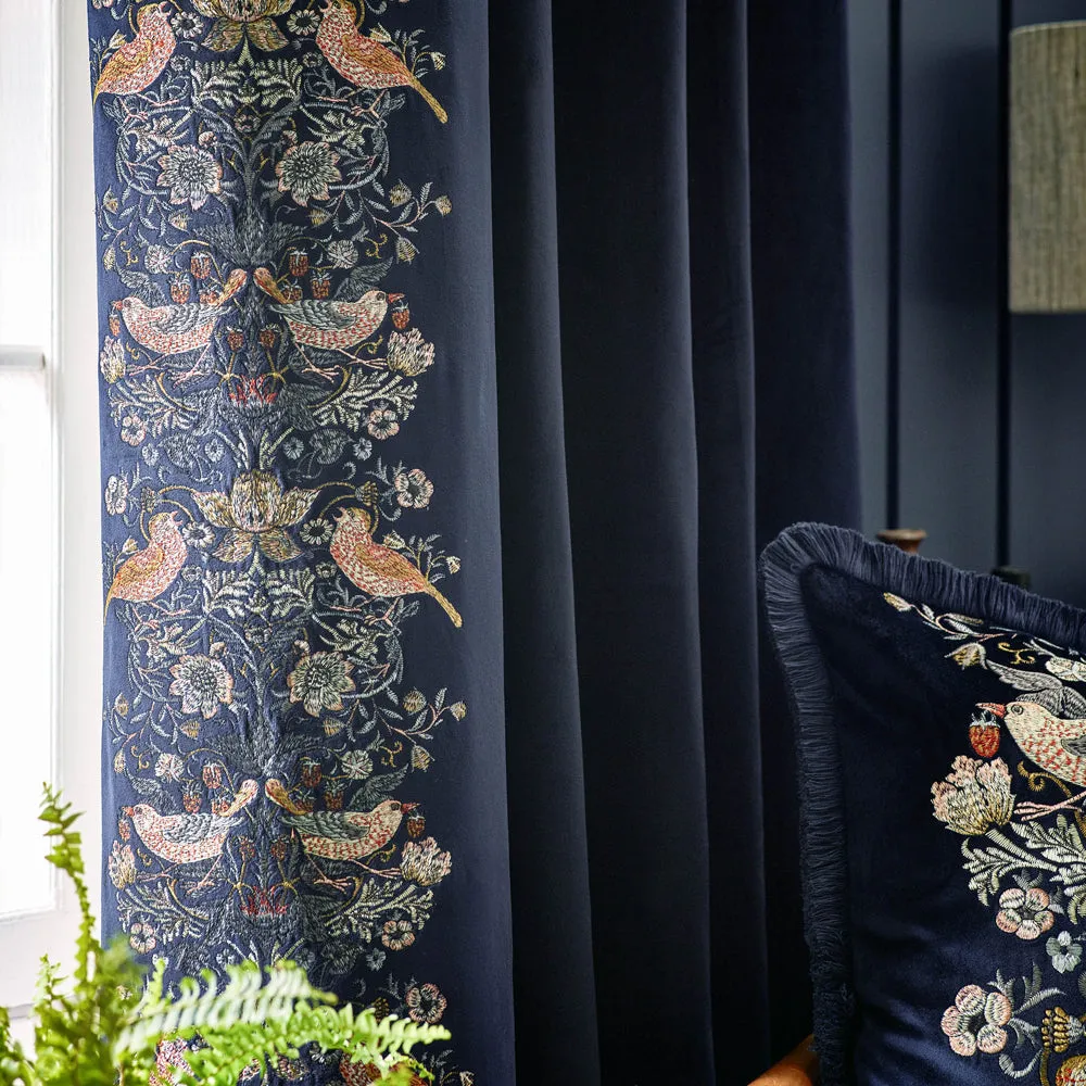 Strawberry Thief Embroidered Floral Velvet Pencil Pleat Curtains Indigo