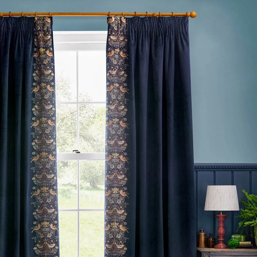 Strawberry Thief Embroidered Floral Velvet Pencil Pleat Curtains Indigo