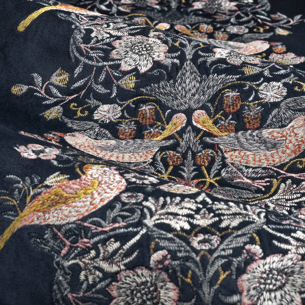 Strawberry Thief Embroidered Floral Velvet Pencil Pleat Curtains Indigo