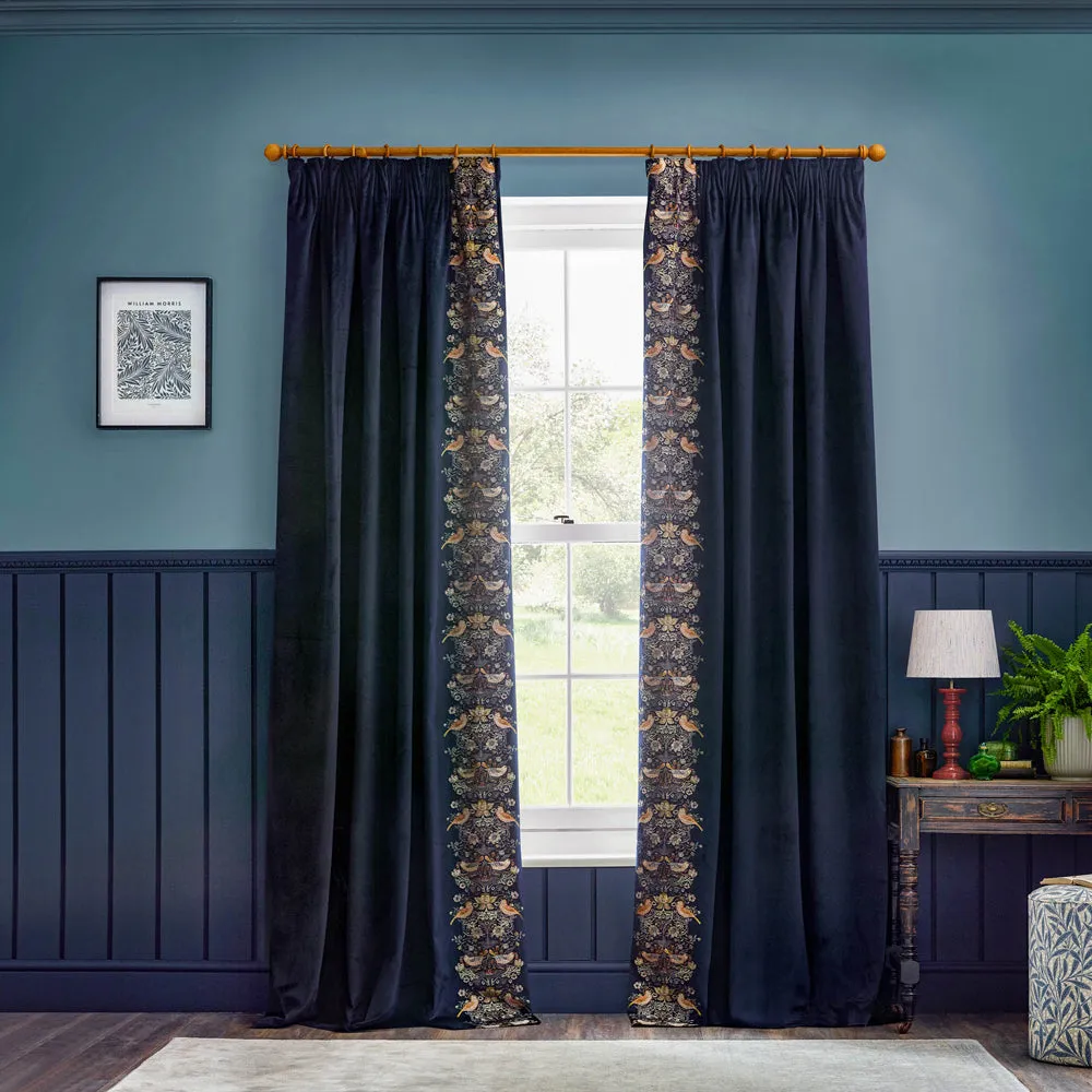 Strawberry Thief Embroidered Floral Velvet Pencil Pleat Curtains Indigo