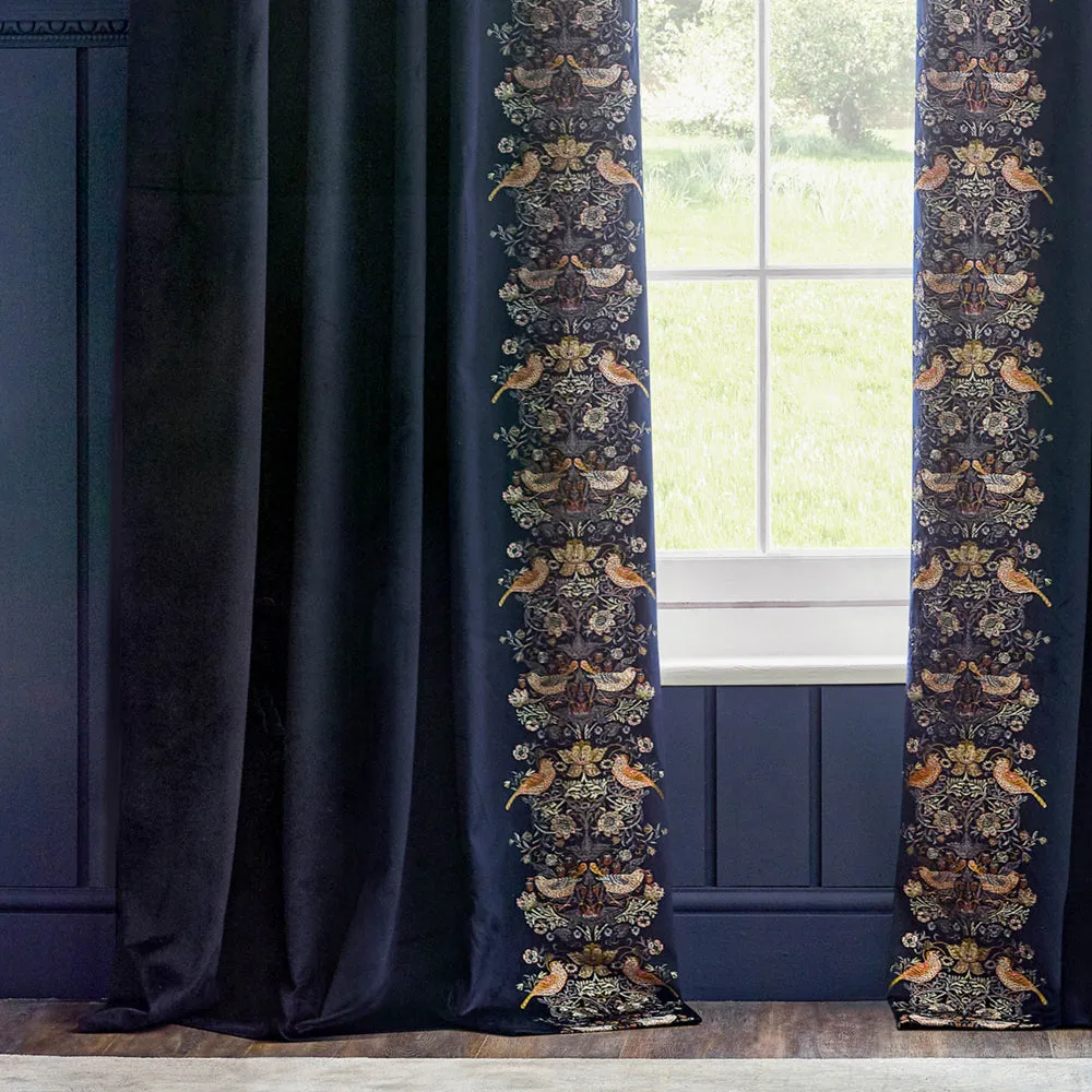 Strawberry Thief Embroidered Floral Velvet Pencil Pleat Curtains Indigo