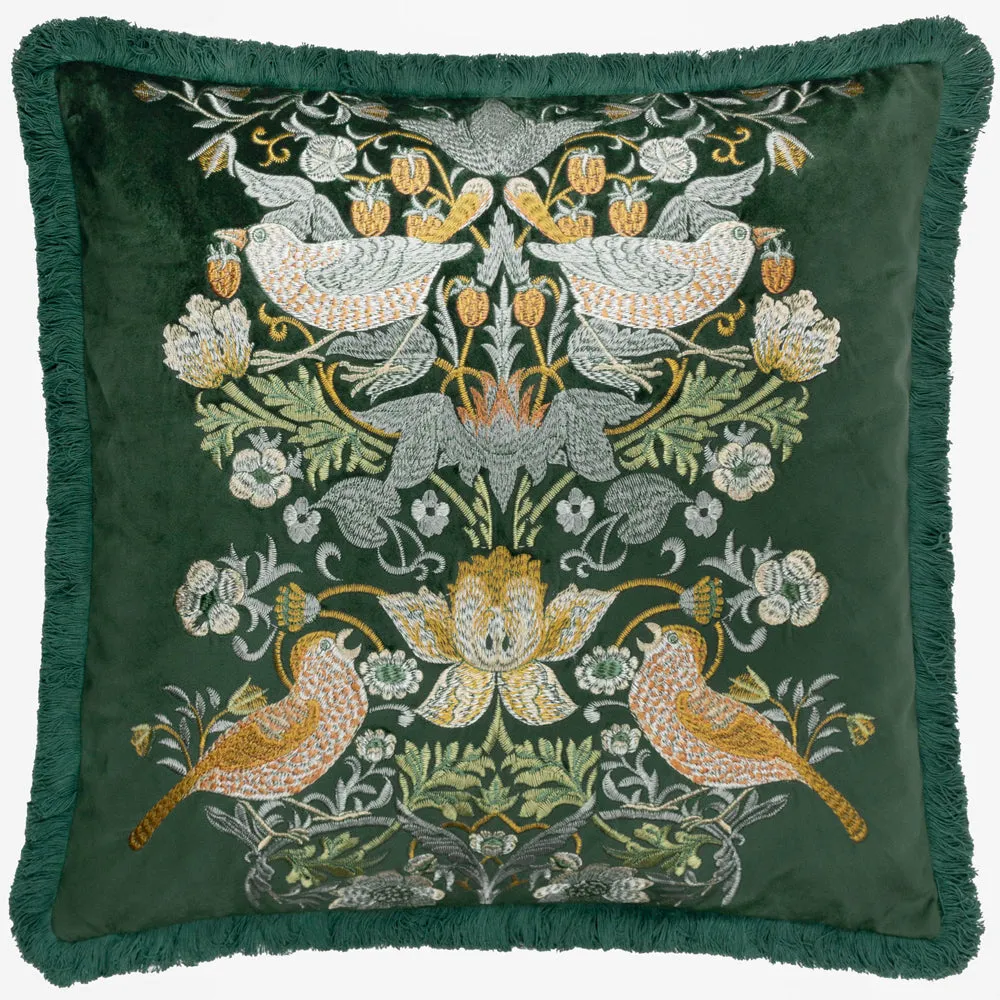 Strawberry Thief Embroidered Velvet Cushion Forest