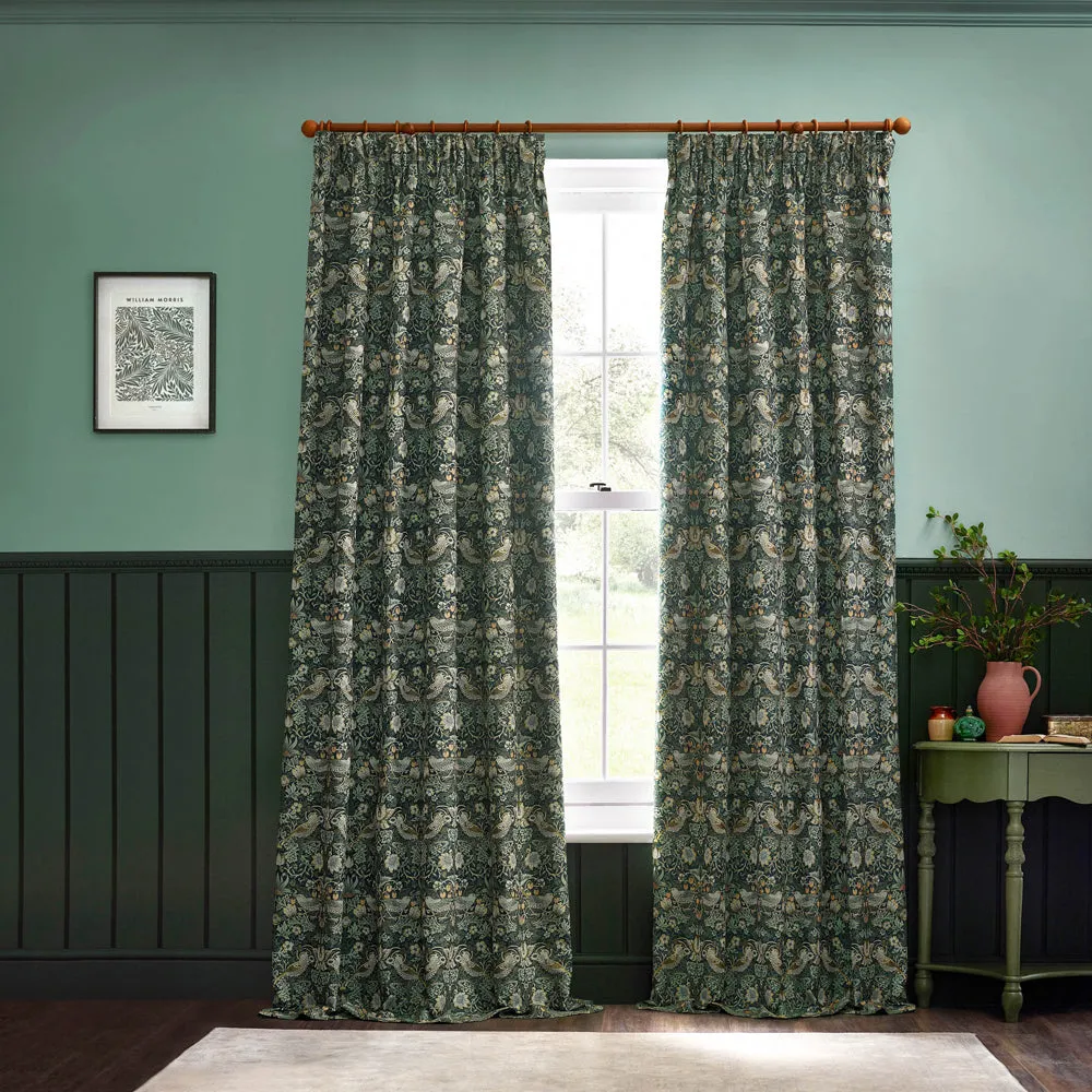 Strawberry Thief Jacquard Floral Pencil Pleat Curtains Forest Green