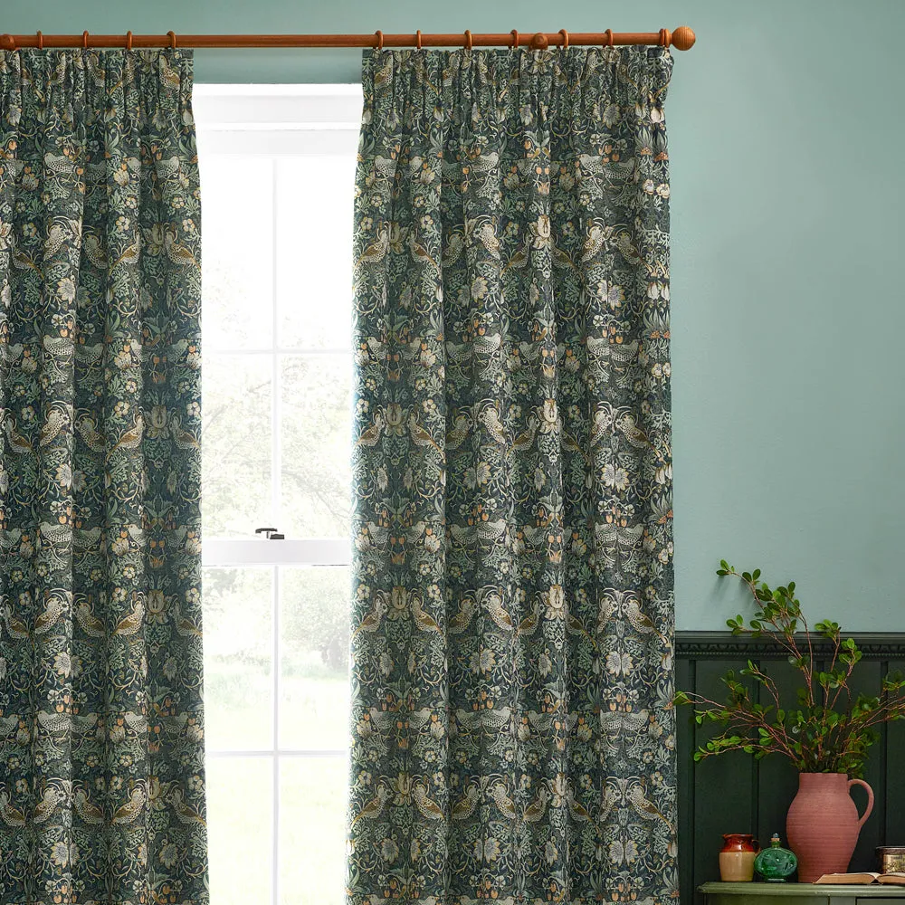 Strawberry Thief Jacquard Floral Pencil Pleat Curtains Forest Green