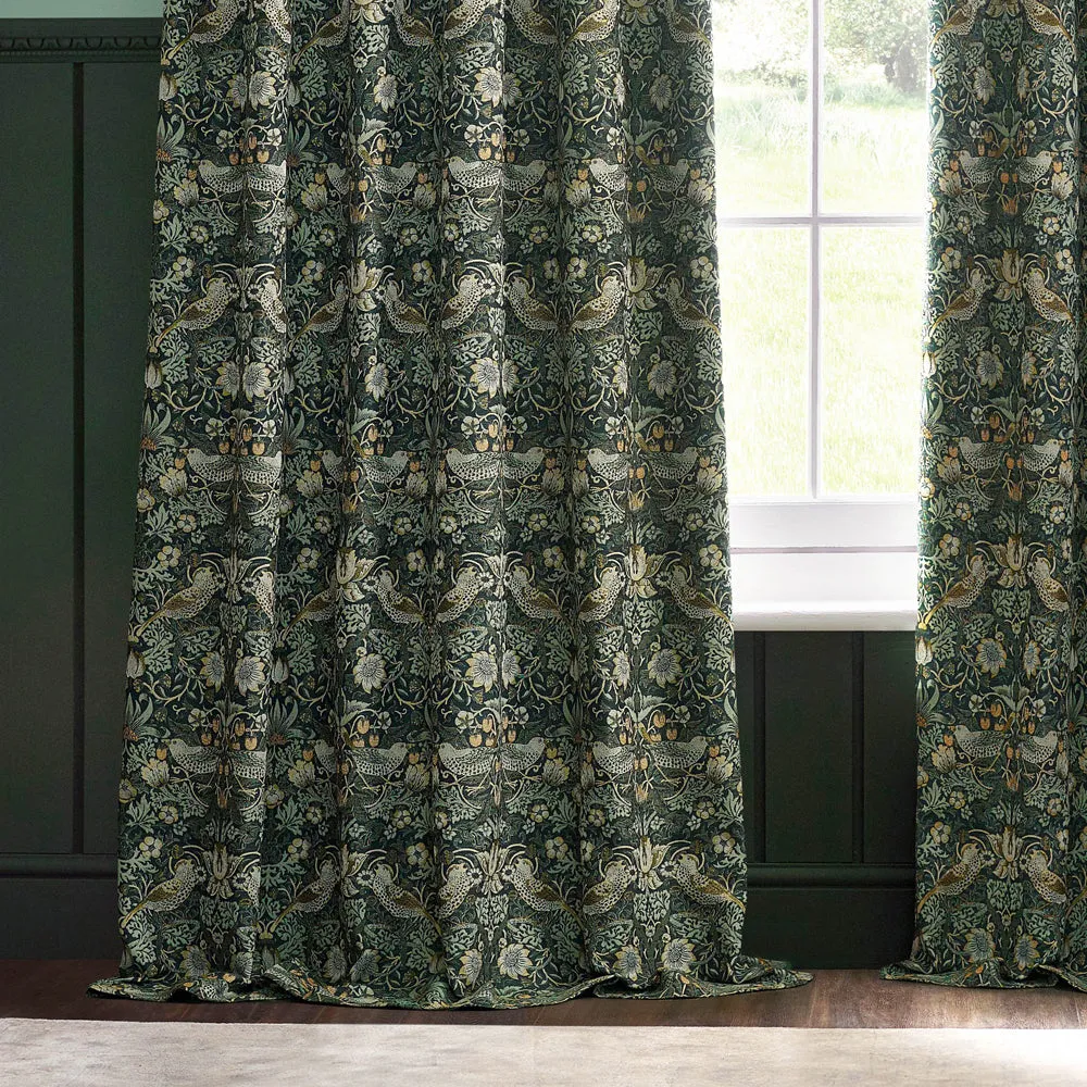 Strawberry Thief Jacquard Floral Pencil Pleat Curtains Forest Green