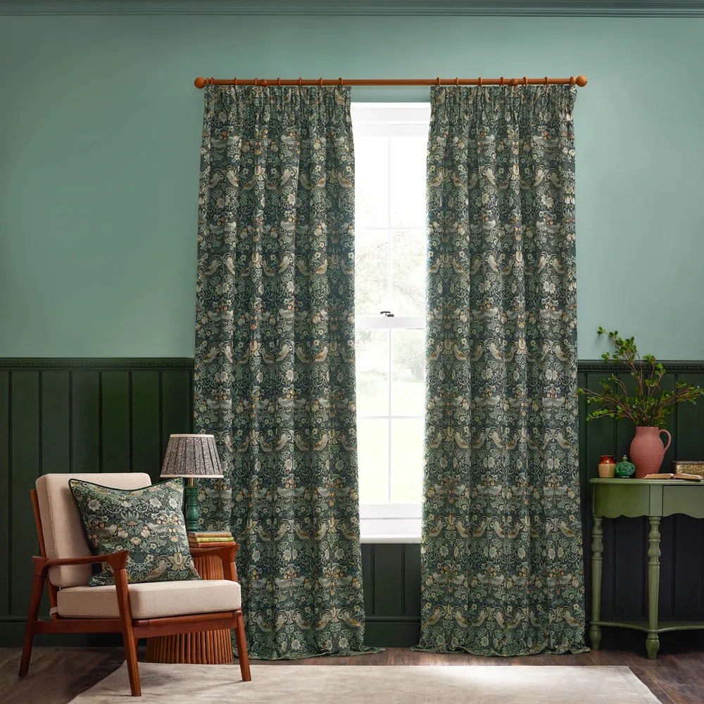 Strawberry Thief Jacquard Floral Pencil Pleat Curtains Forest Green