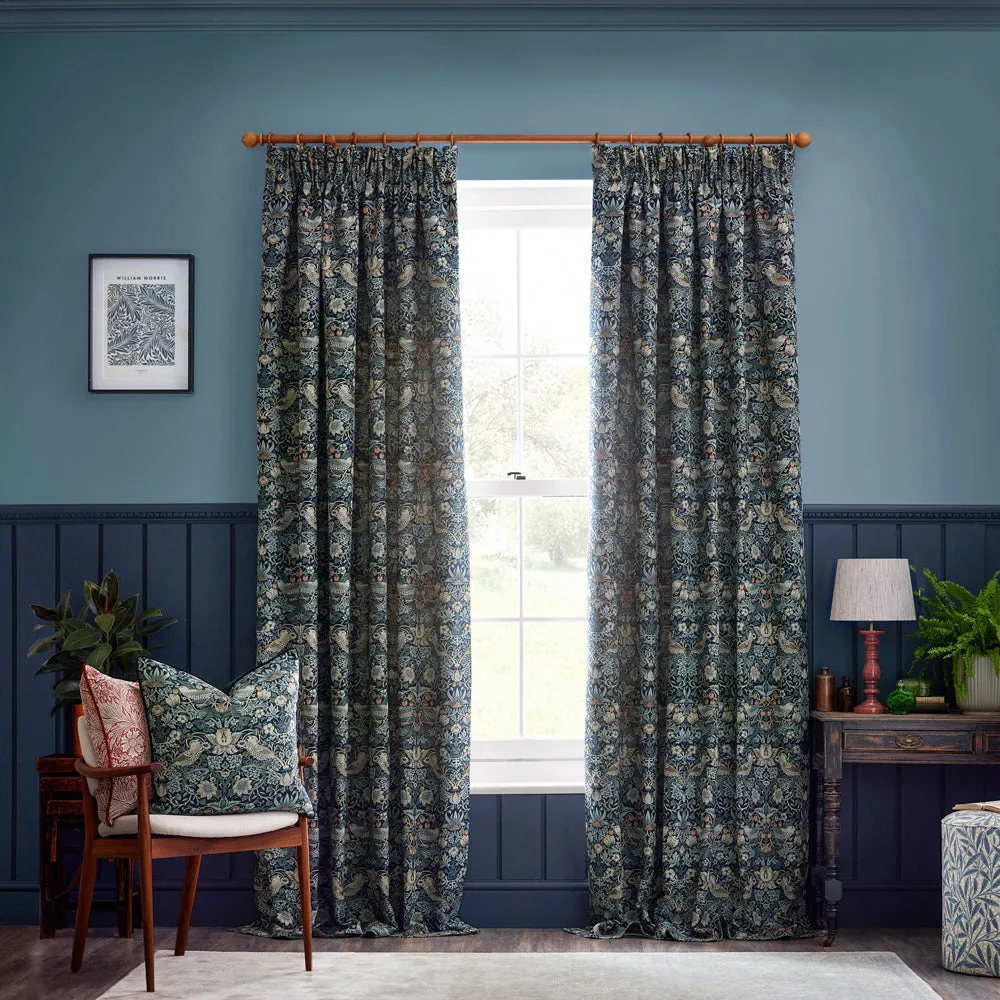 Strawberry Thief Jacquard Floral Pencil Pleat Curtains Indigo