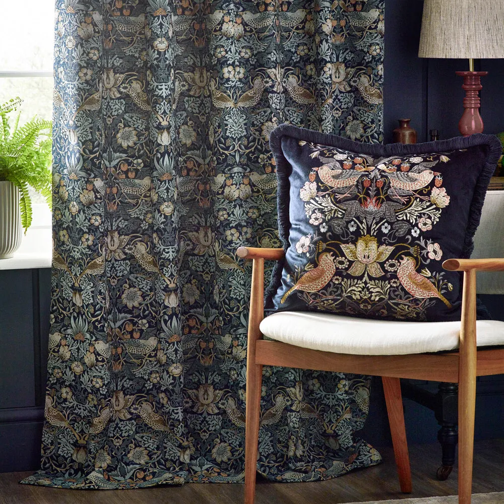 Strawberry Thief Jacquard Floral Pencil Pleat Curtains Indigo