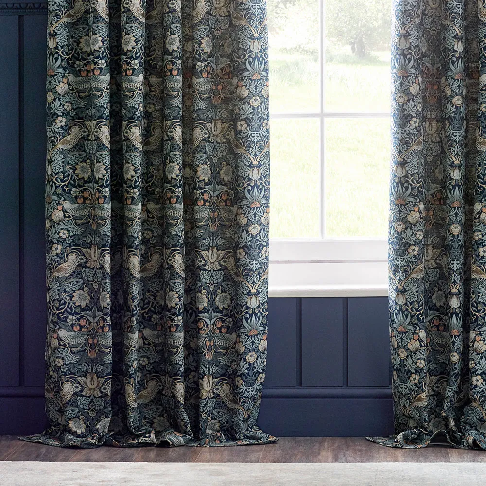 Strawberry Thief Jacquard Floral Pencil Pleat Curtains Indigo