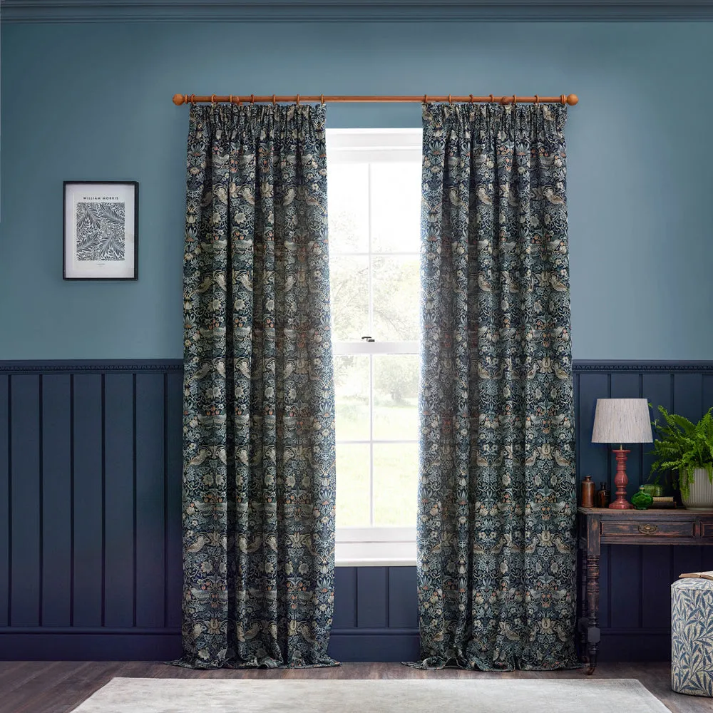 Strawberry Thief Jacquard Floral Pencil Pleat Curtains Indigo