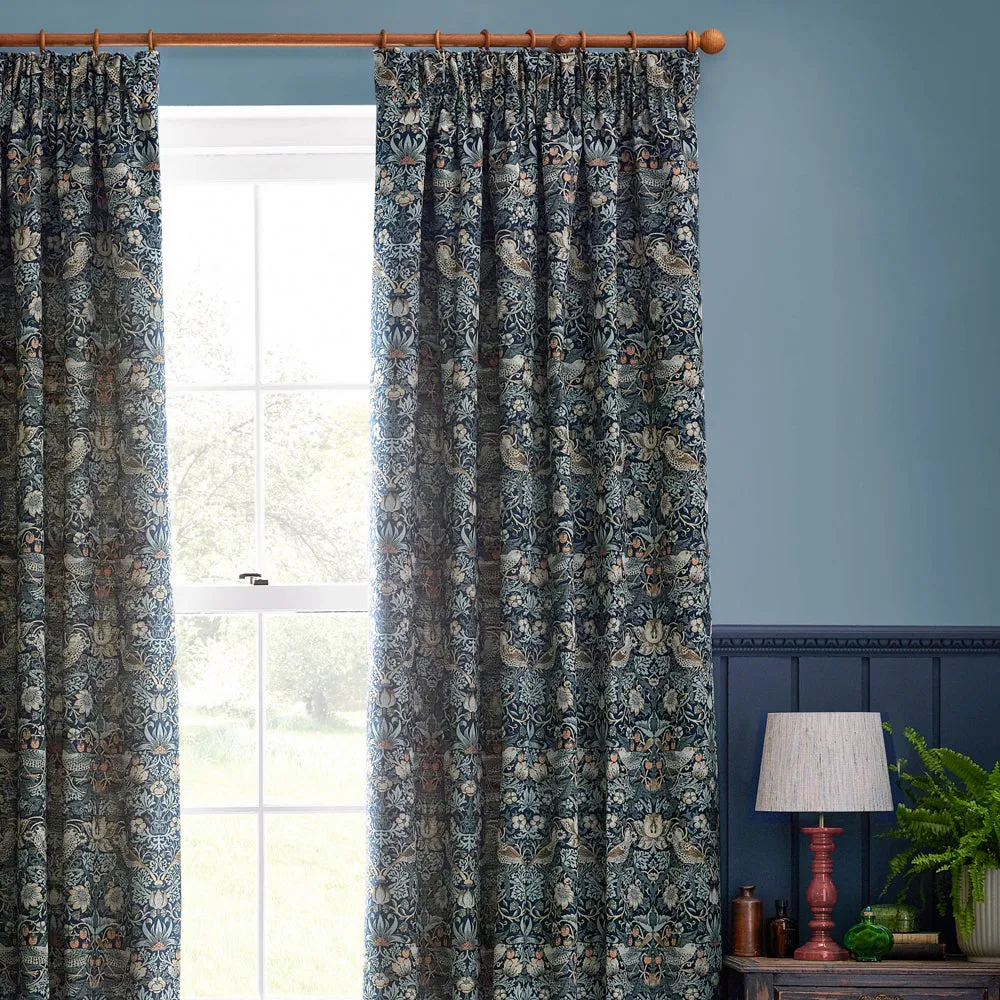 Strawberry Thief Jacquard Floral Pencil Pleat Curtains Indigo