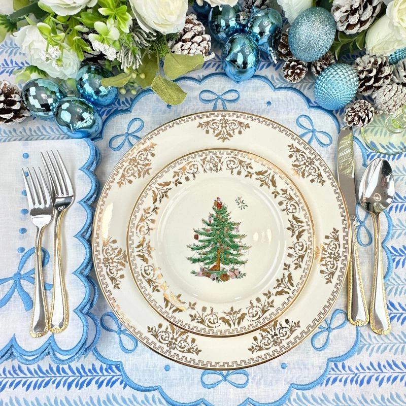 Studio Collection: Juliet Bows Placemats in Linen in White/Blue, Set of 4