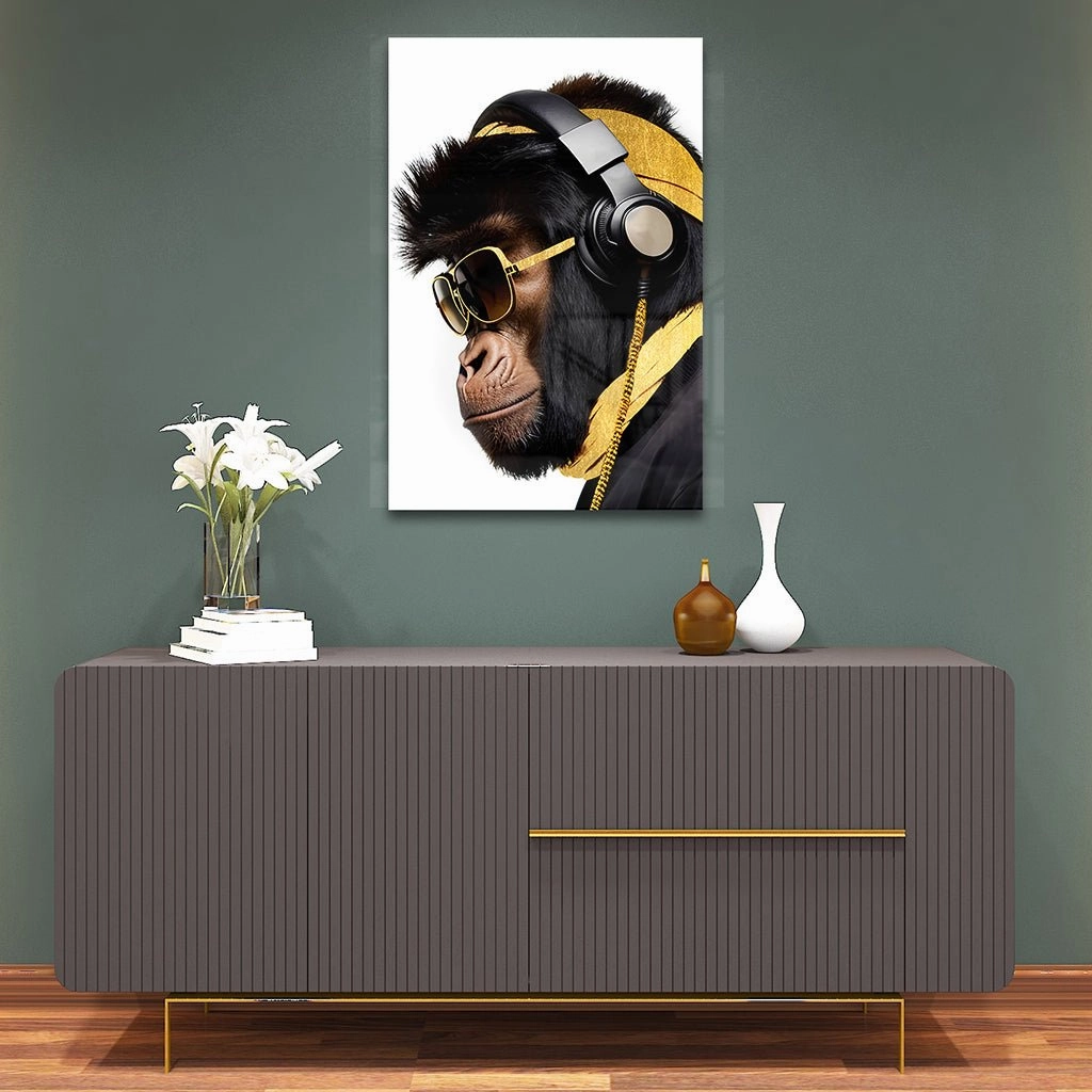 Stylish Monkey - Headphones by Adrian Vieriu Gold on Acrylic