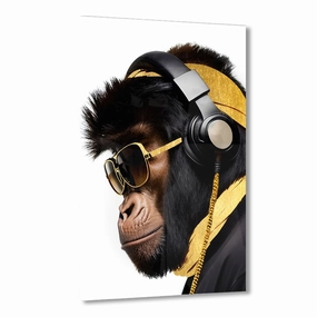 Stylish Monkey - Headphones by Adrian Vieriu Gold on Acrylic framed mural artwork