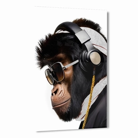 Stylish Monkey - Headphones by Adrian Vieriu Silver on Acrylic framed mural artwork