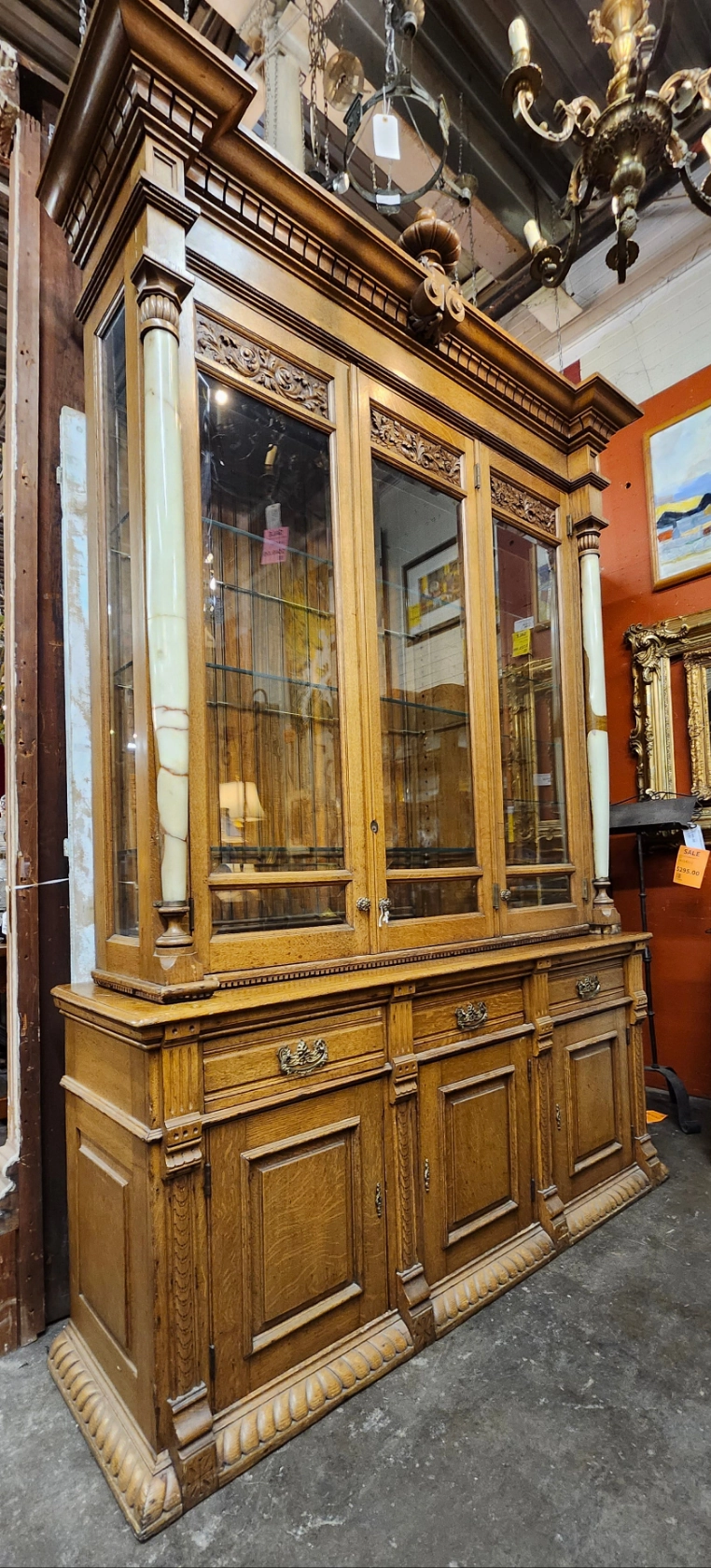 TALL 2 PIECE AMERICAN OAK DISPLAY CABINET WITH BEVELED GLASS DOORS, GLASS SHELVES AND ONYX COLUMNS artistic wall mural