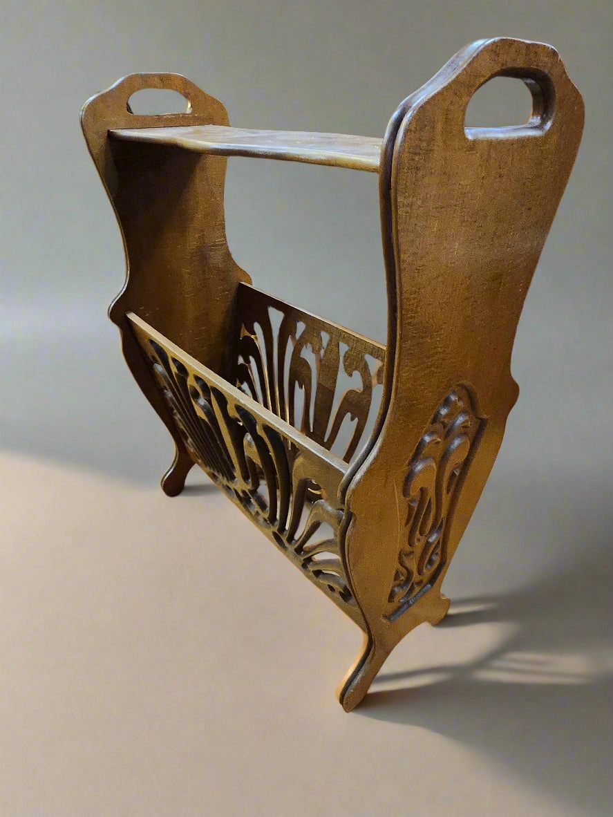 TALL PIERCE  CARVED OAK MAGAZINE STAND artistic wall mural