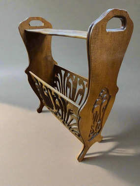 TALL PIERCE  CARVED OAK MAGAZINE STAND artistic wall mural