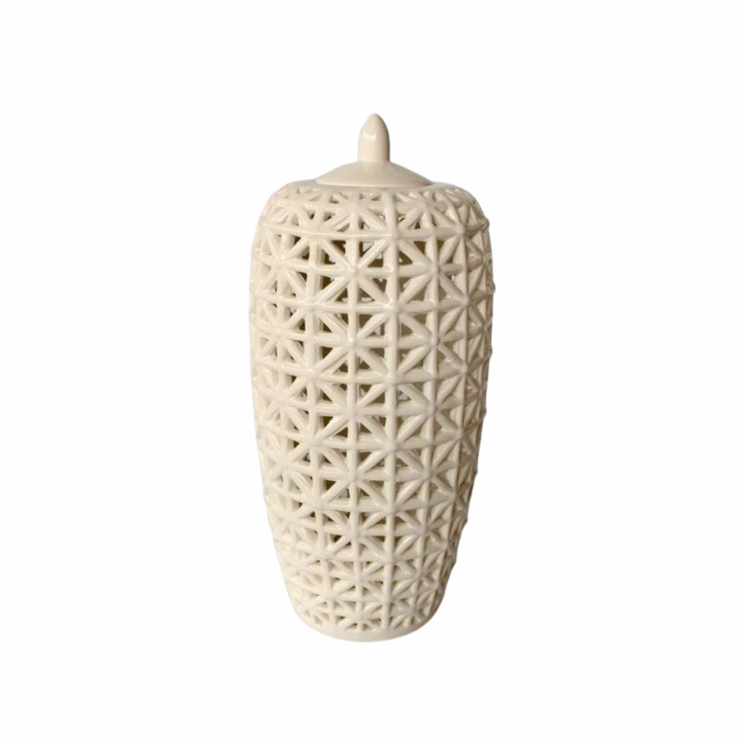 Tall White Criss Cross Cut-Out Jar With Lid
