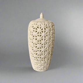 Tall White Criss Cross Cut-Out Jar With Lid decorative home ornament