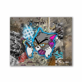 Tom on phone Blue by Kiss Pink framed mural artwork