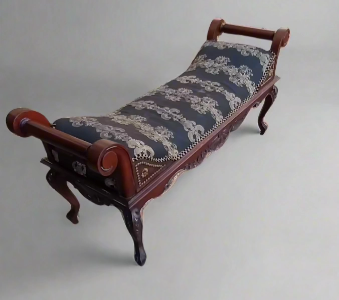 UPHOLSTERED CARVED MAHOGANY BENCH WITH ROLLED ARMS-NOT OLD