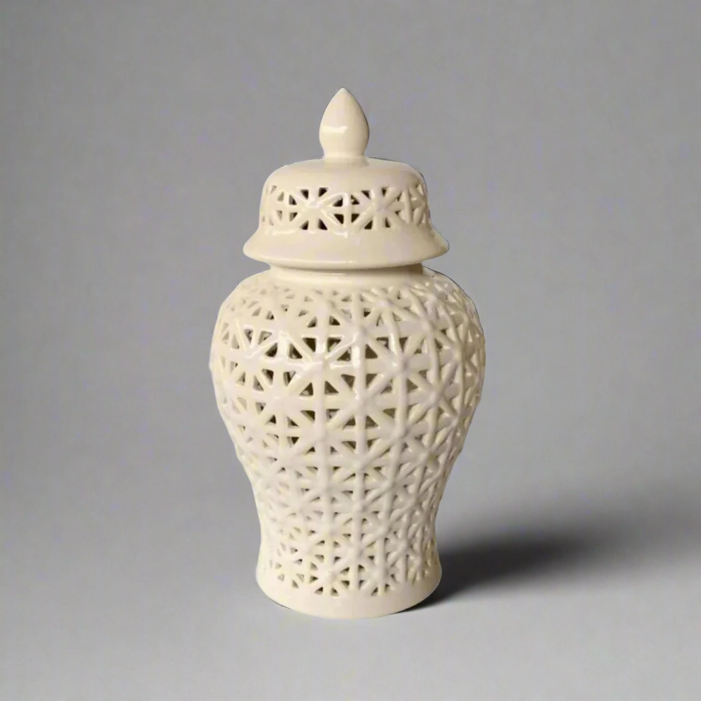 White Criss Cross Cut-Out Ginger Jar decorative home ornament