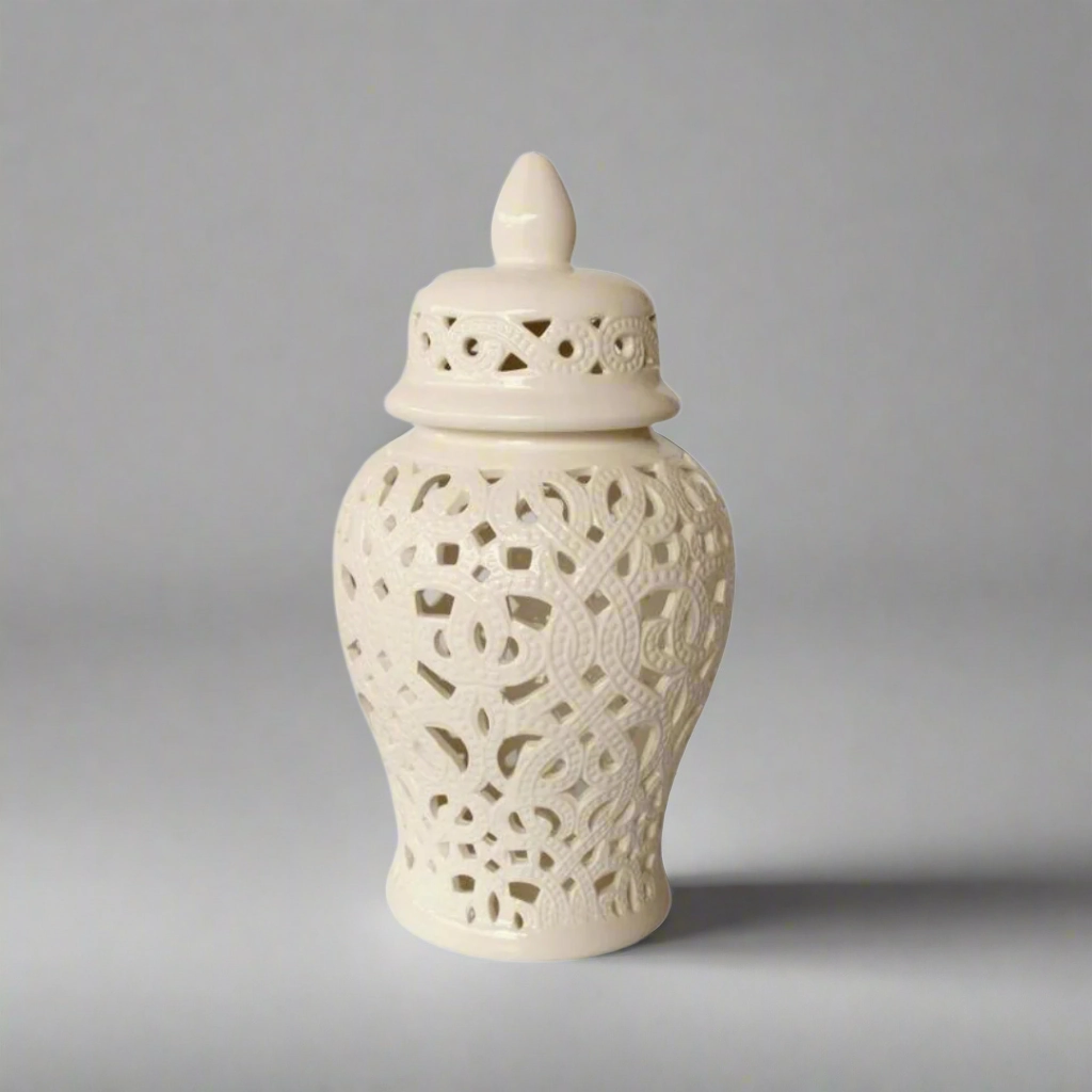 White Cut-Out Ginger Jar Braided Design decorative home ornament