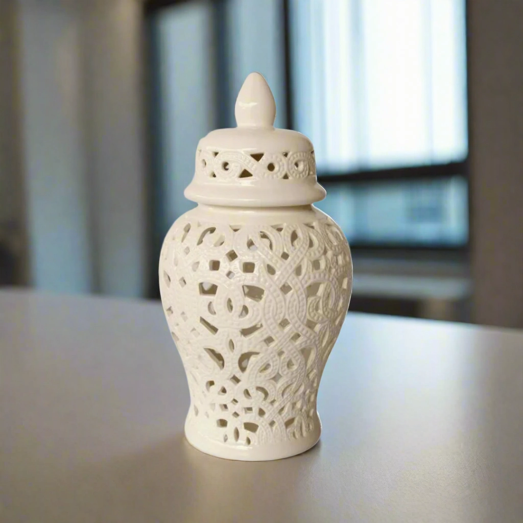 White Cut-Out Ginger Jar Braided Design