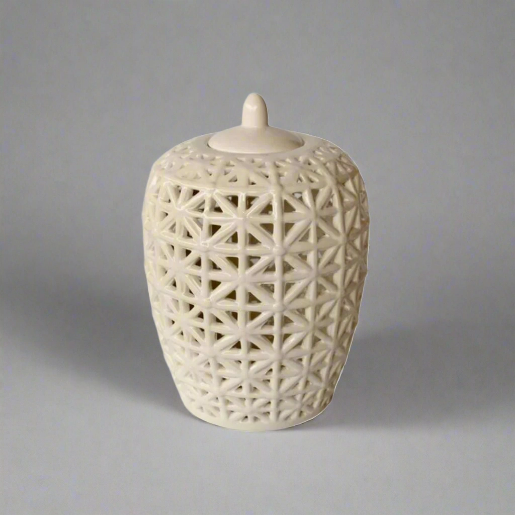 White fat criss cross cut-out jar with lid decorative home ornament