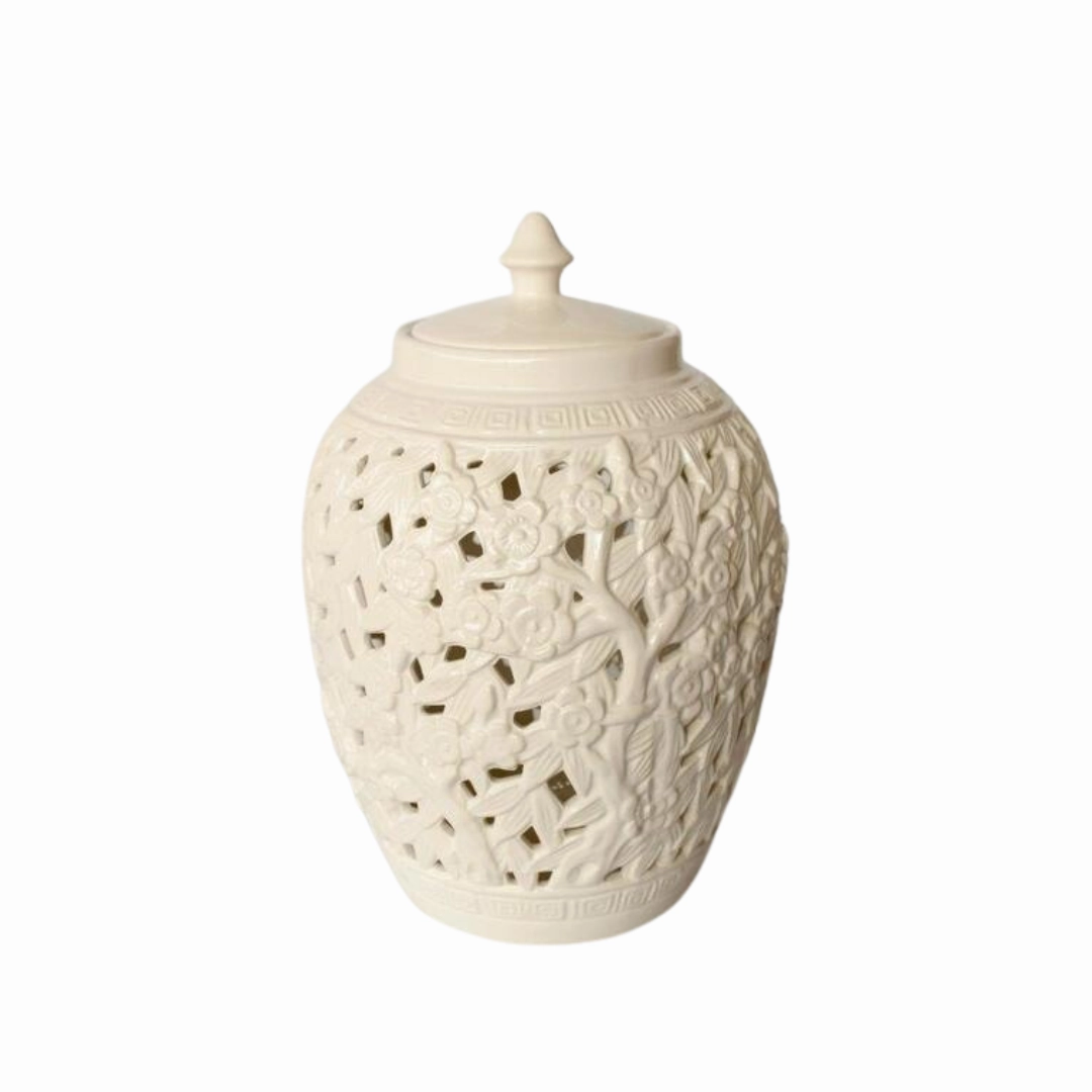 White Flower & Leaf Cut-Out Design Barrel Shade Jar With Lid