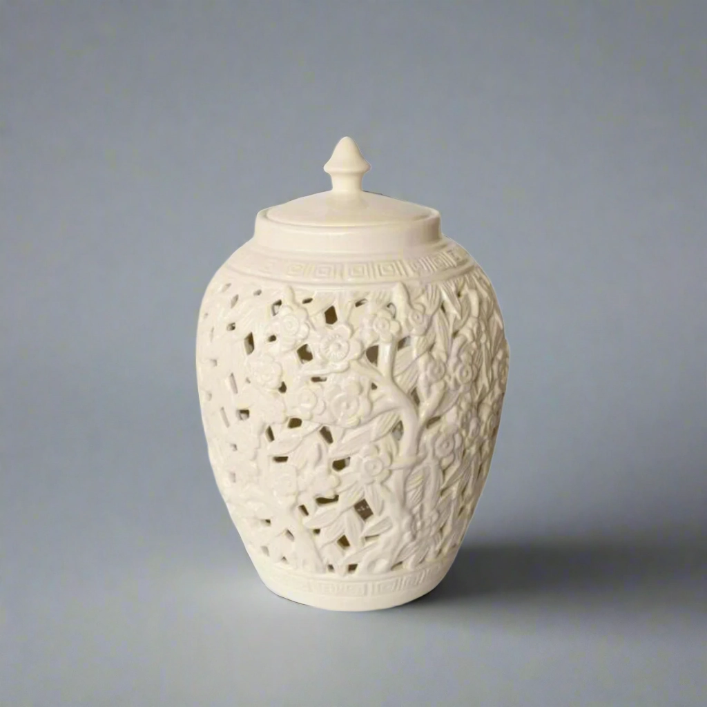White Flower & Leaf Cut-Out Design Barrel Shade Jar With Lid decorative home ornament