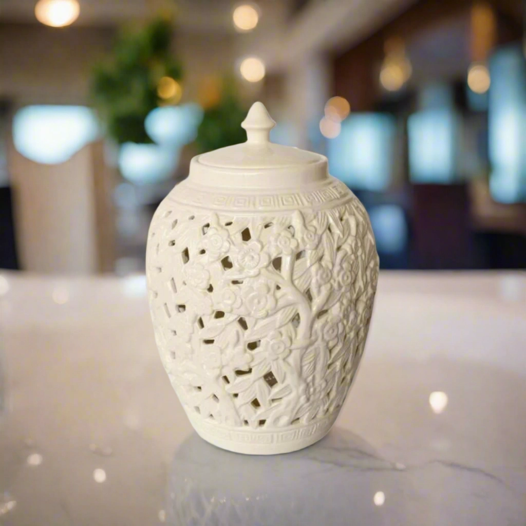 White Flower & Leaf Cut-Out Design Barrel Shade Jar With Lid