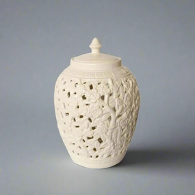 White Flower & Leaf Cut-Out Design Barrel Shade Jar With Lid decorative home ornament