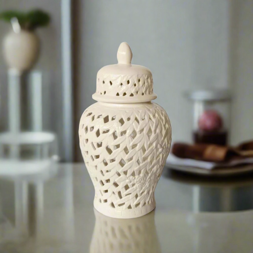 White Flower & Leaf Cut-Out Ginger Jar 45x25cm