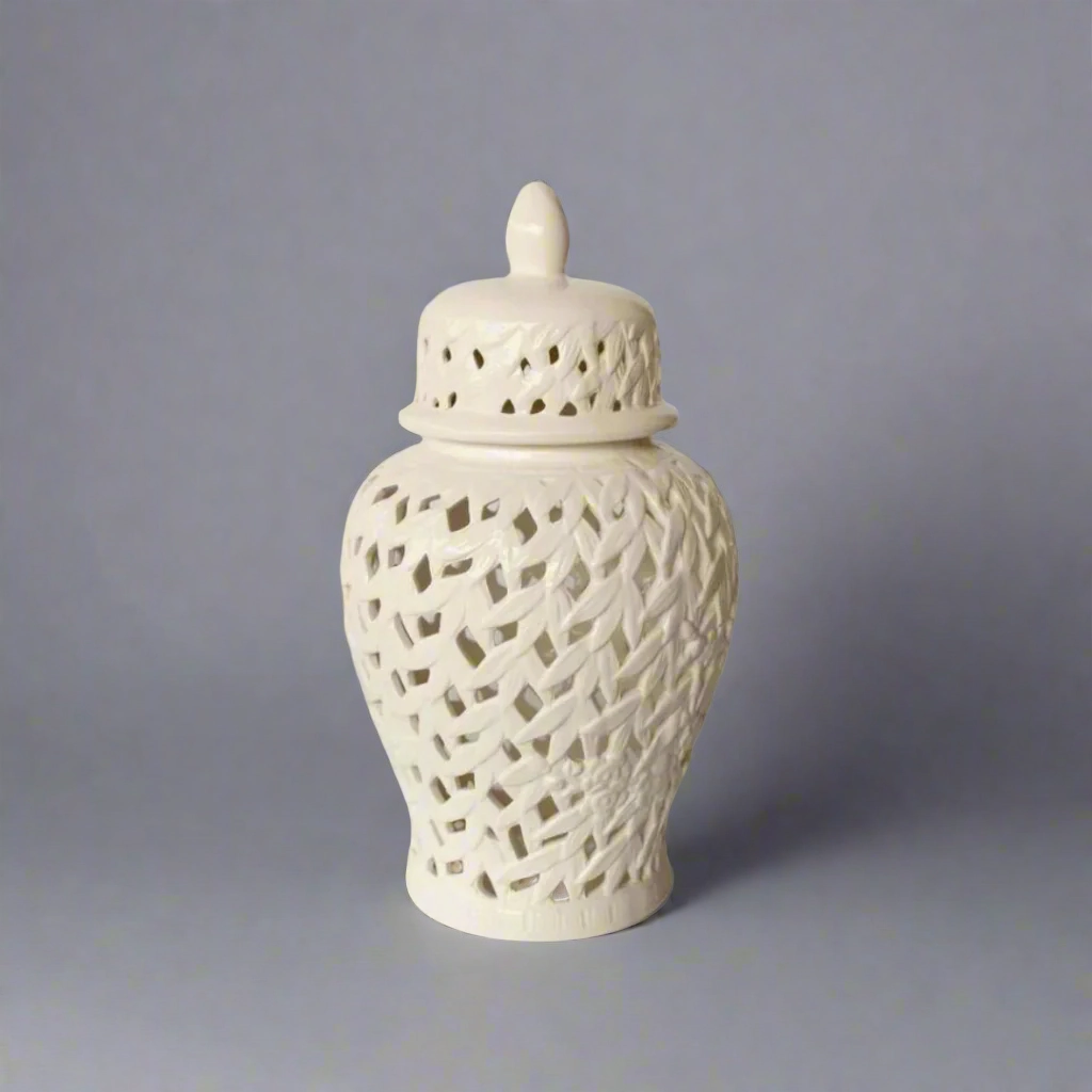 White Flower & Leaf Cut-Out Ginger Jar 45x25cm decorative home ornament