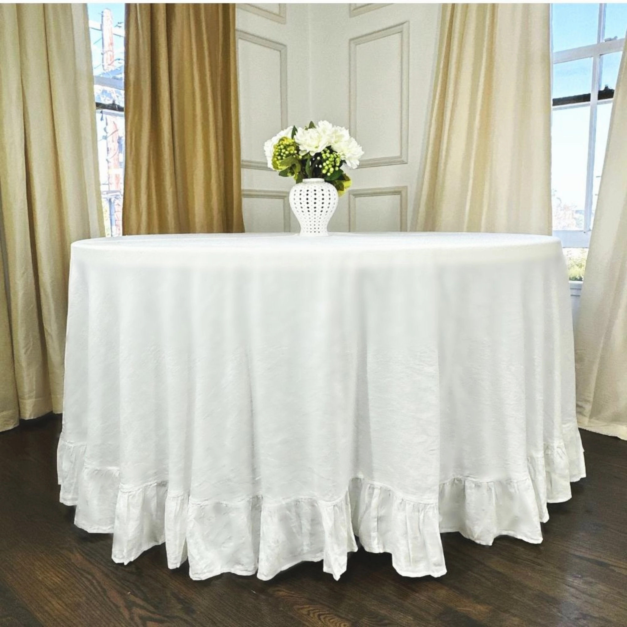 White Linen Ruffle Tablecloth