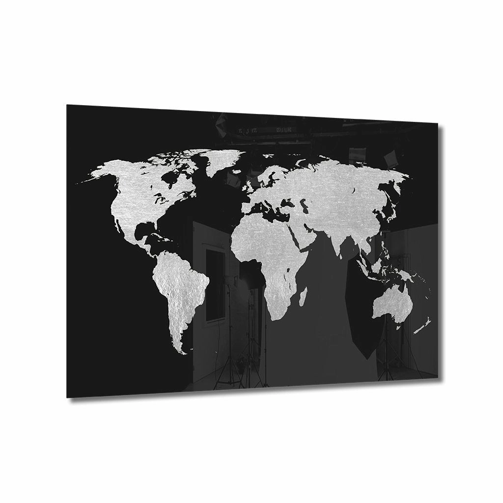 World Map Silver on Acrylic framed mural artwork